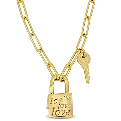 Paperclip Necklace with Engraved Lock and Key