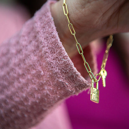 Paperclip Bracelet with Engraved Lock and Key Clasp